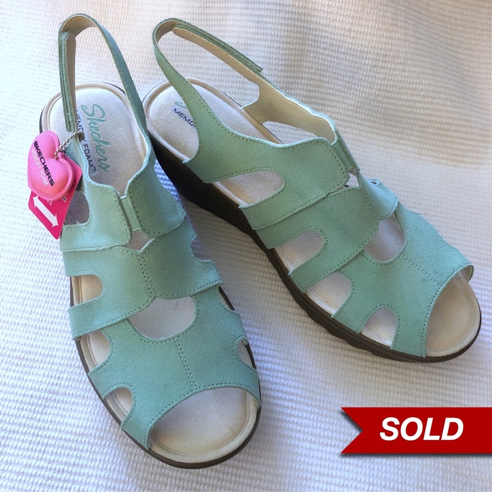 Skechers 11W Stylin Mint Suede Slingback Sandal Wedges